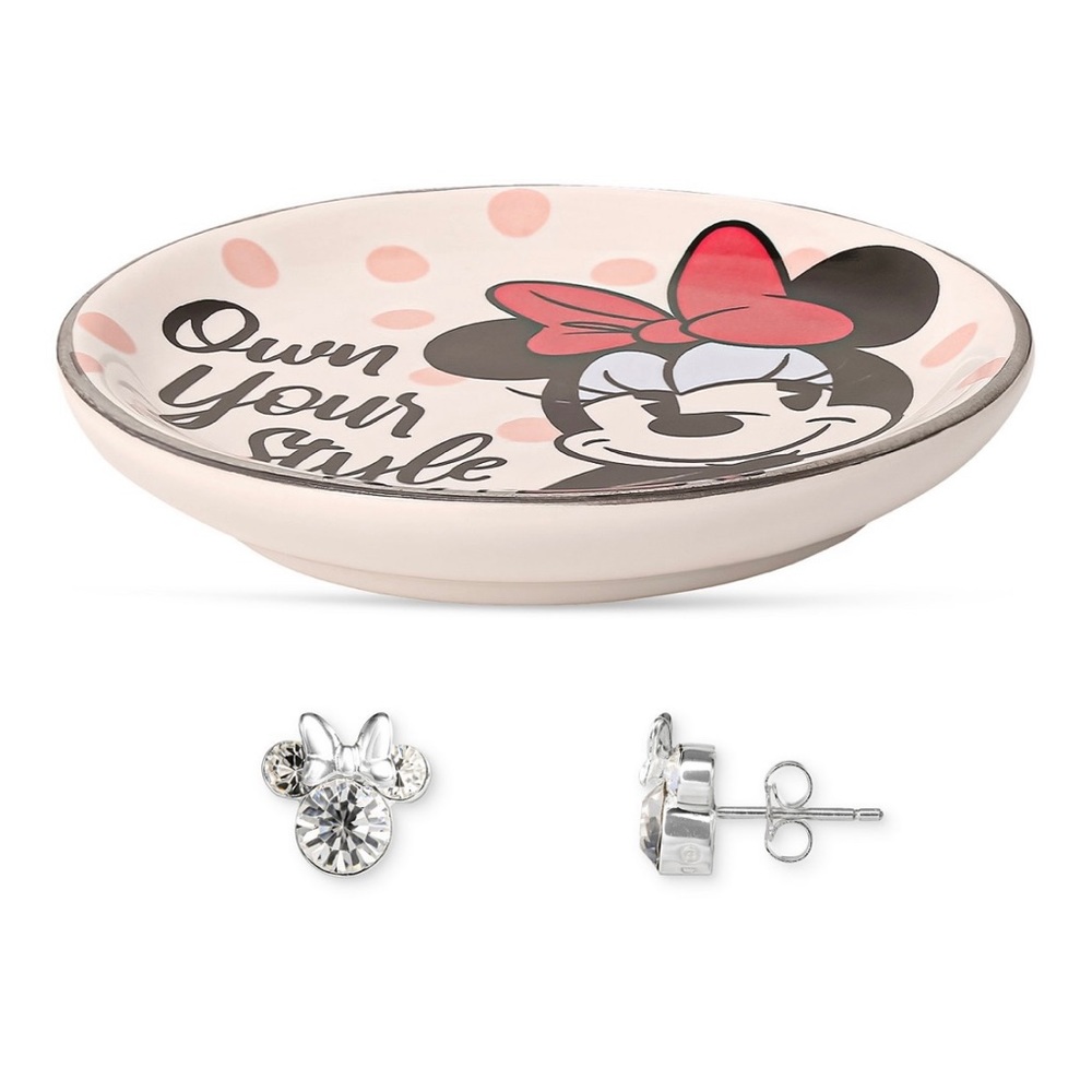 NWT Disney Minnie Mouse Sterling Silver Stud Earrings W/ Trinket Dish Gift Set
